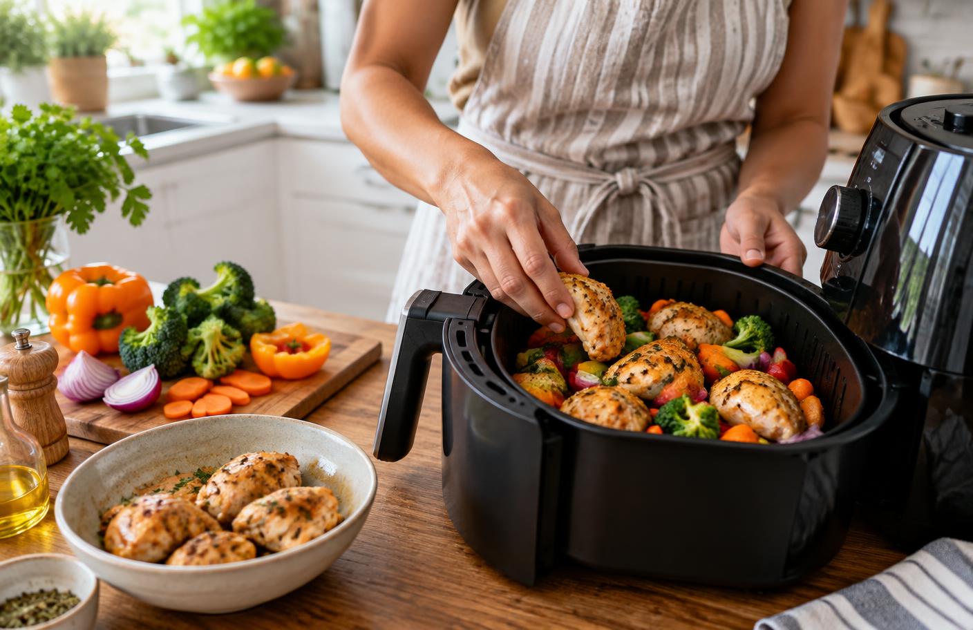 Preparo simples de frango e legumes na air fryer